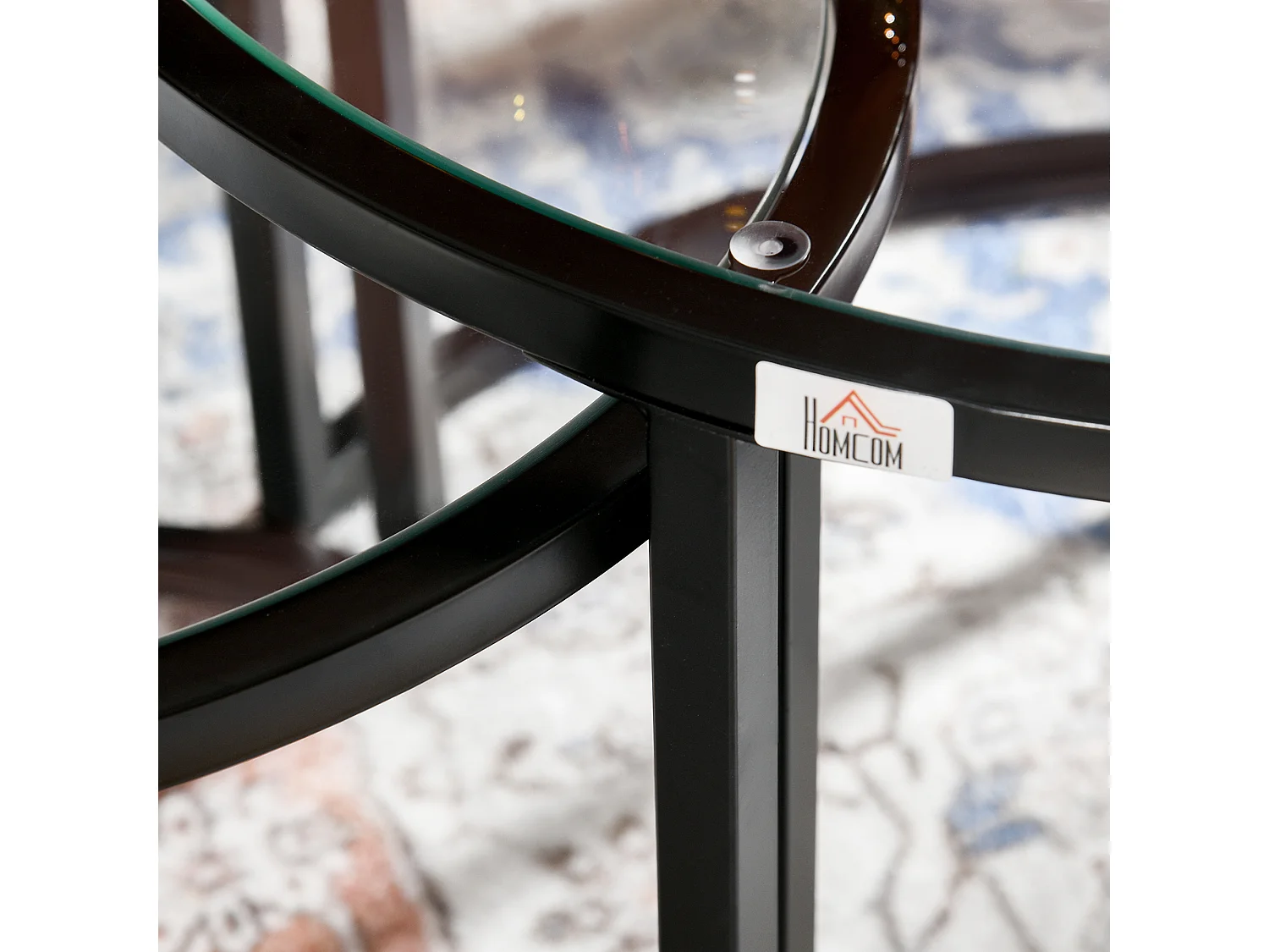 Lot de 2 tables basses gigognes rondes style contemporain - acier noir verre trempé 5 mm