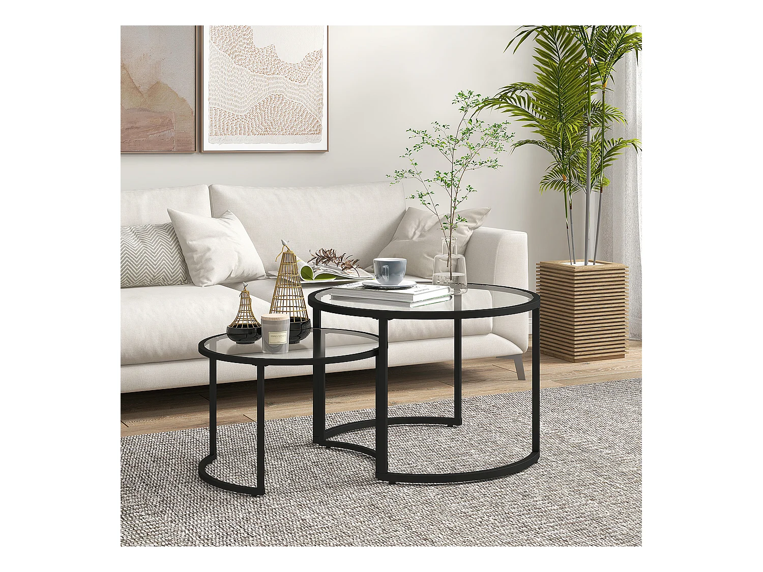 Lot de 2 tables basses gigognes rondes style contemporain - acier noir verre trempé 5 mm