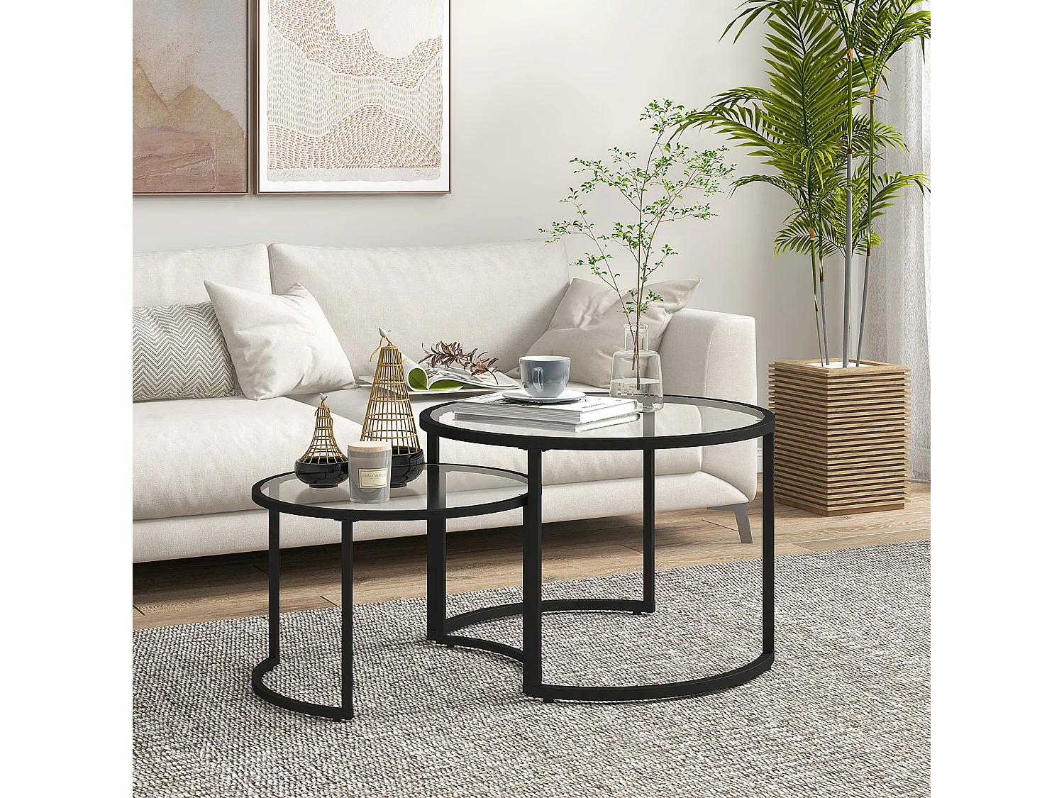Lot de 2 tables basses gigognes rondes style contemporain - acier noir verre trempé 5 mm