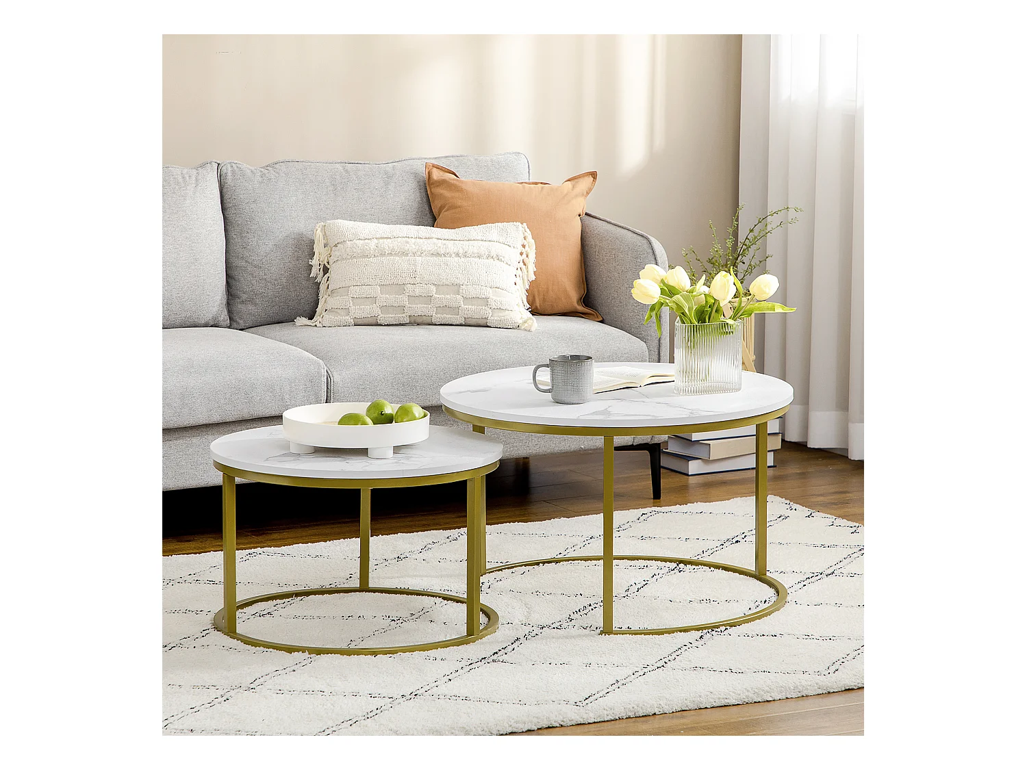 Lot de 2 tables basses gigognes rondes style art déco - acier doré panneaux aspect marbre blanc