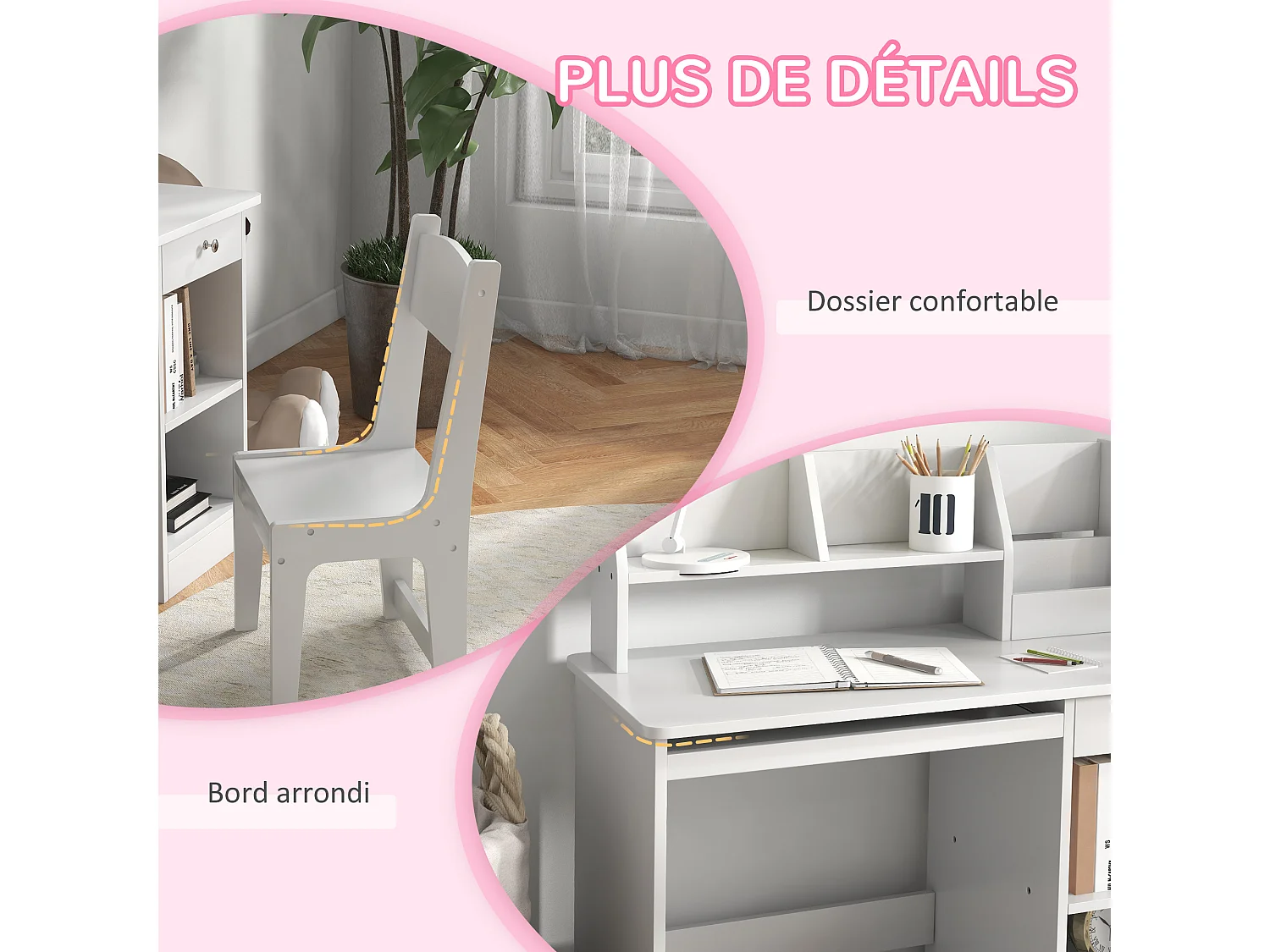 Bureau enfant multi-rangement - ensemble bureau, chaise, étagère - tiroir, plateau coulissant, 2 niches, 2 étagères, 2 présentoirs livres - blanc