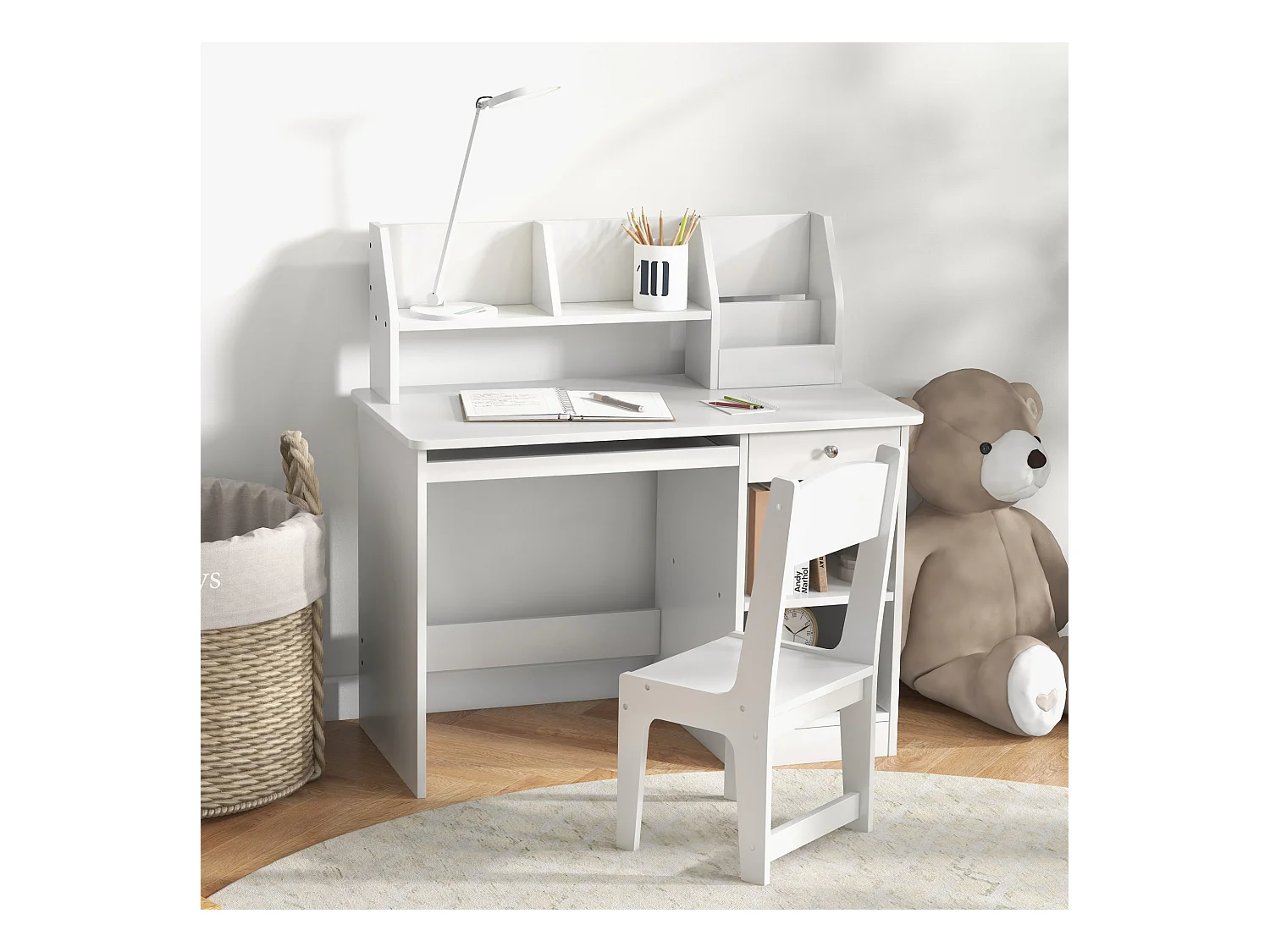 Bureau enfant multi-rangement - ensemble bureau, chaise, étagère - tiroir, plateau coulissant, 2 niches, 2 étagères, 2 présentoirs livres - blanc