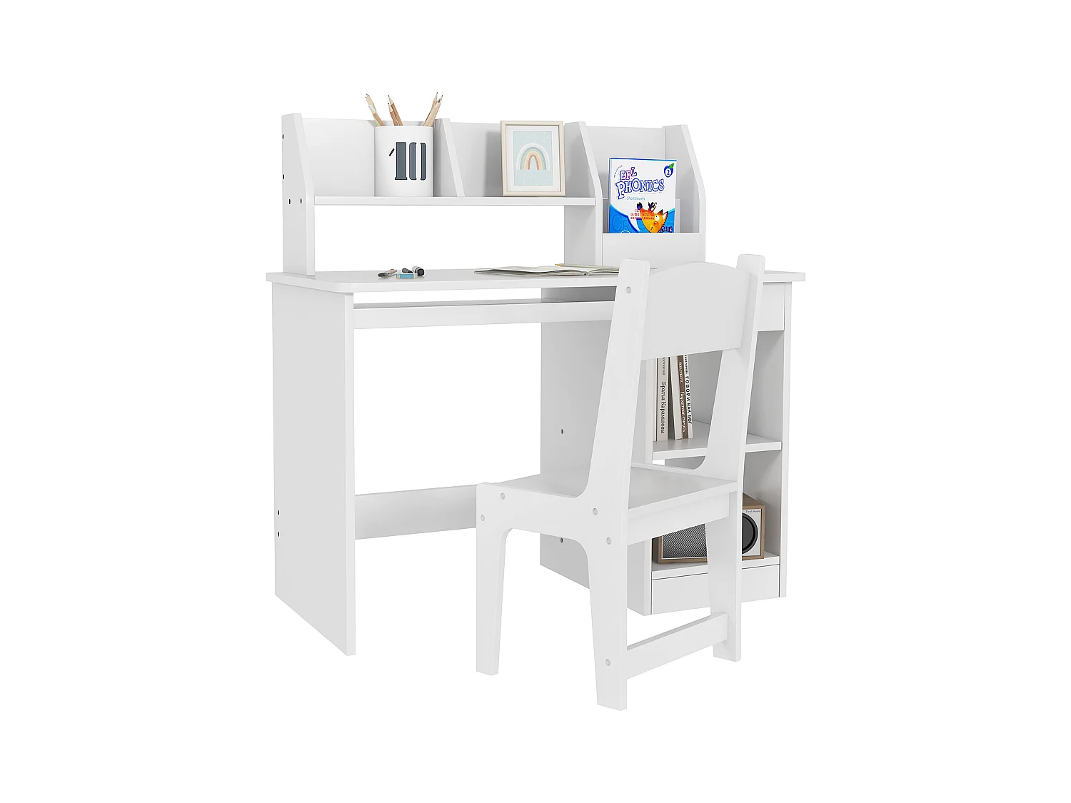 Bureau enfant multi-rangement - ensemble bureau, chaise, étagère - tiroir, plateau coulissant, 2 niches, 2 étagères, 2 présentoirs livres - blanc