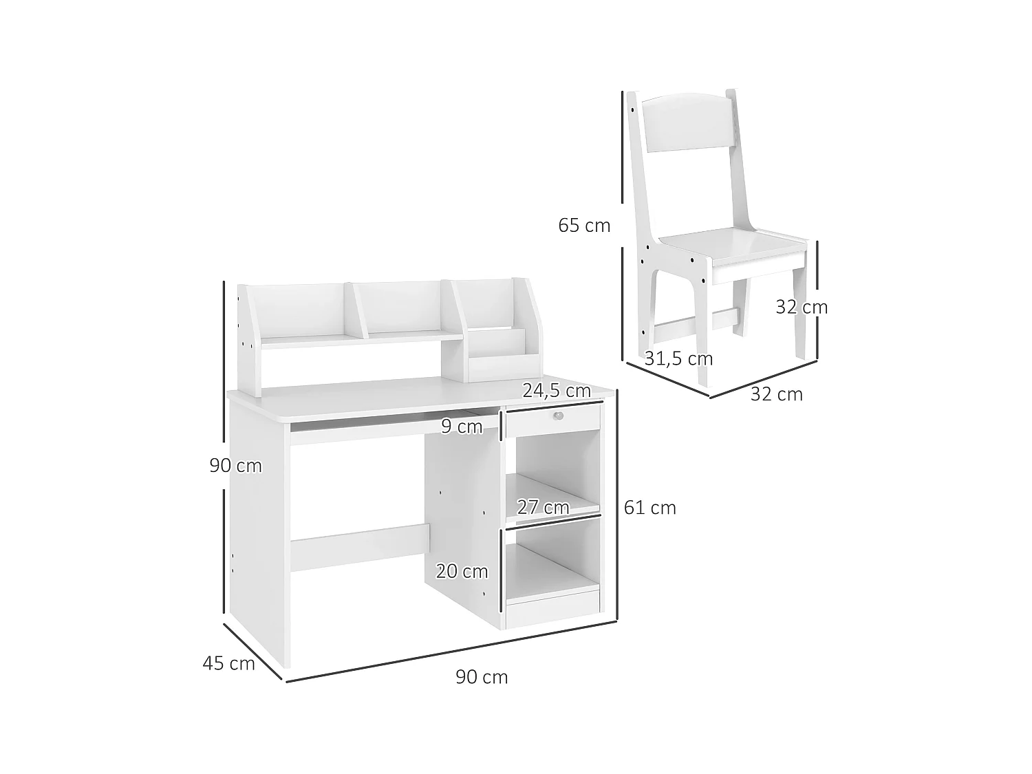 Bureau enfant multi-rangement - ensemble bureau, chaise, étagère - tiroir, plateau coulissant, 2 niches, 2 étagères, 2 présentoirs livres - blanc