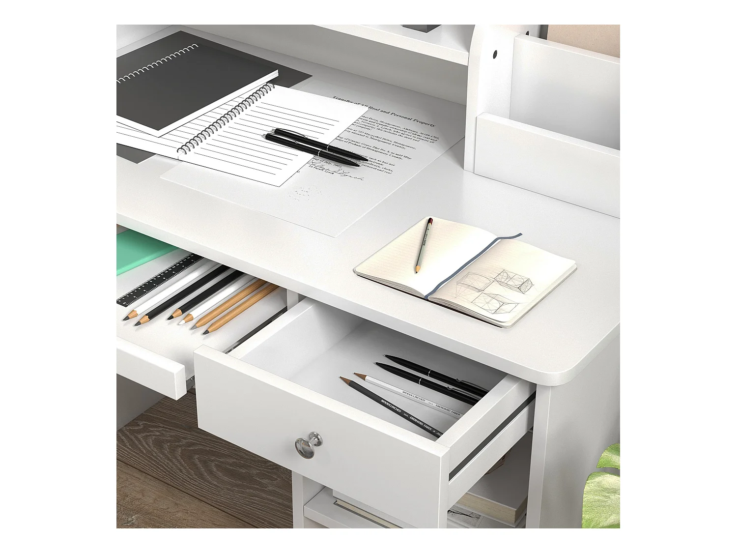 Bureau enfant multi-rangement - ensemble bureau, chaise, étagère - tiroir, plateau coulissant, 2 niches, 2 étagères, 2 présentoirs livres - blanc