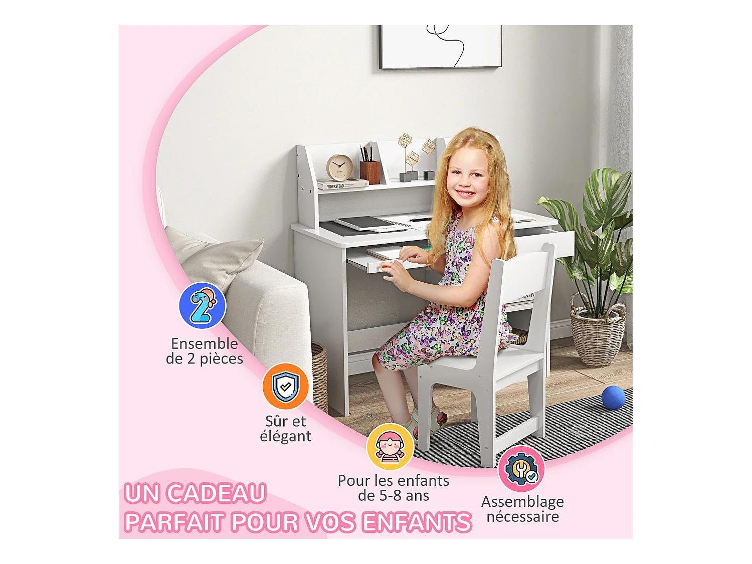 Bureau enfant multi-rangement - ensemble bureau, chaise, étagère - tiroir, plateau coulissant, 2 niches, 2 étagères, 2 présentoirs livres - blanc