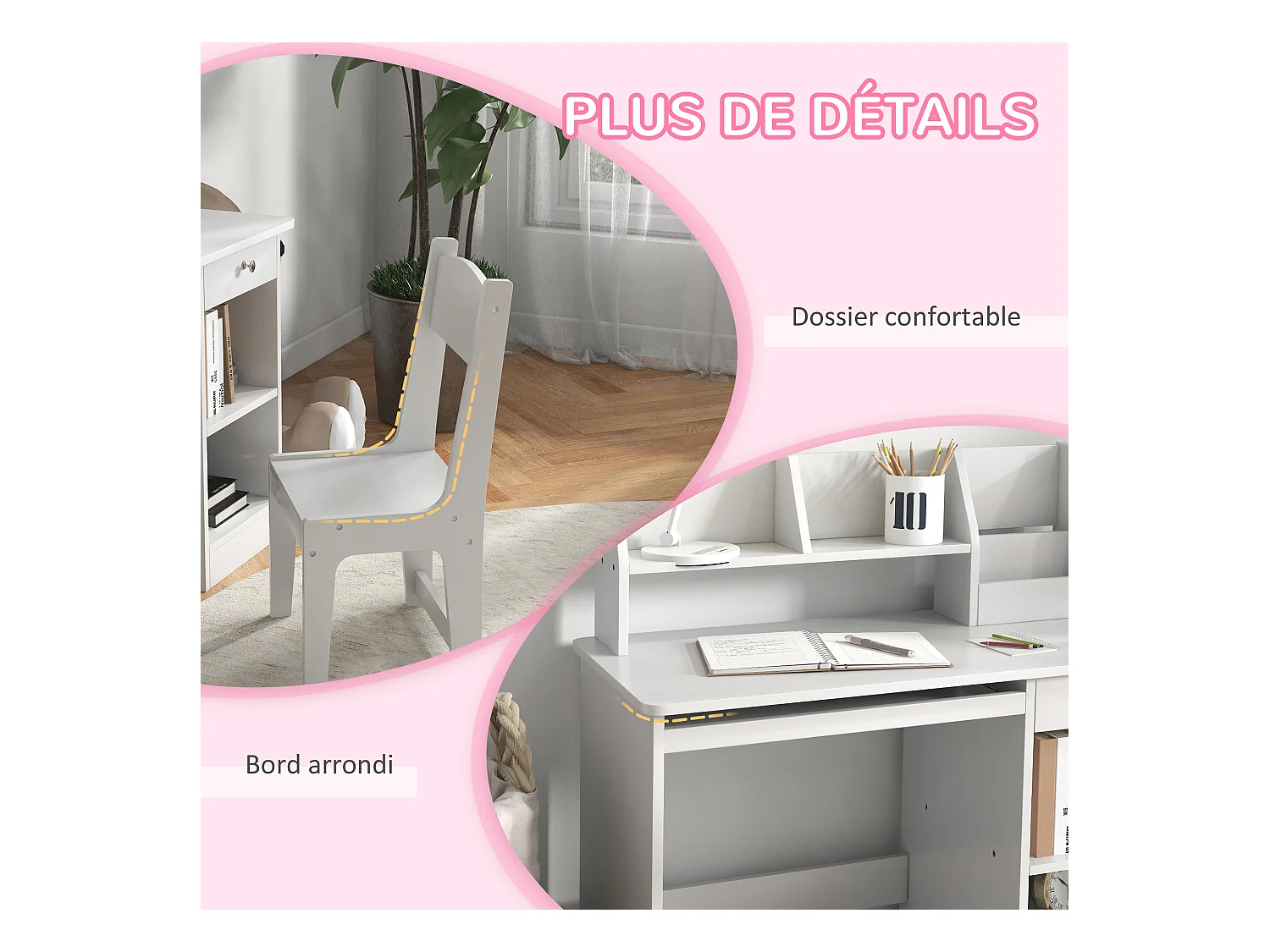 Bureau enfant multi-rangement - ensemble bureau, chaise, étagère - tiroir, plateau coulissant, 2 niches, 2 étagères, 2 présentoirs livres - blanc