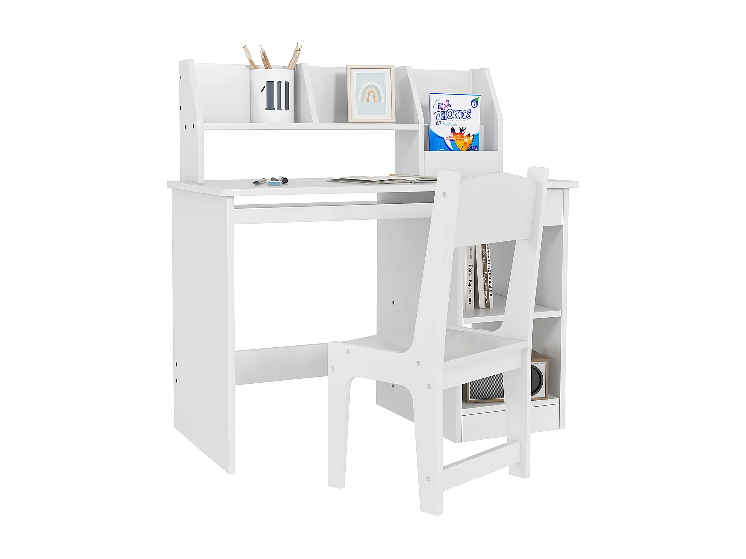 Bureau enfant multi-rangement - ensemble bureau, chaise, étagère - tiroir, plateau coulissant, 2 niches, 2 étagères, 2 présentoirs livres - blanc