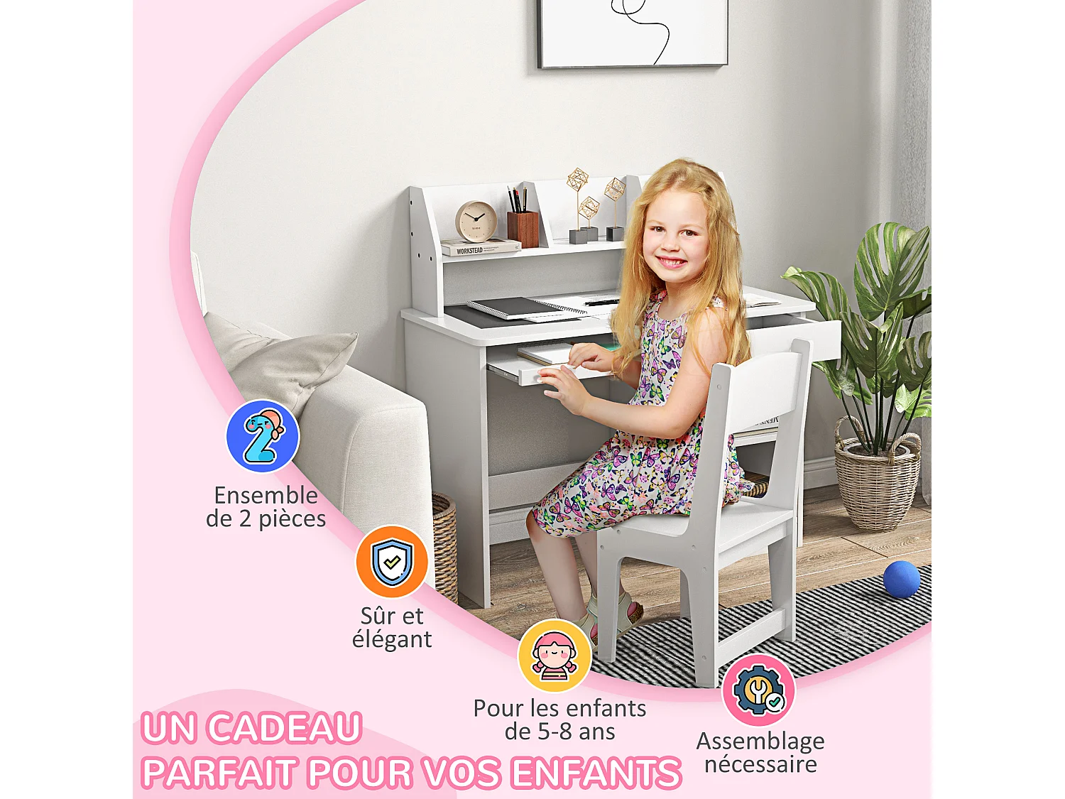 Bureau enfant multi-rangement - ensemble bureau, chaise, étagère - tiroir, plateau coulissant, 2 niches, 2 étagères, 2 présentoirs livres - blanc