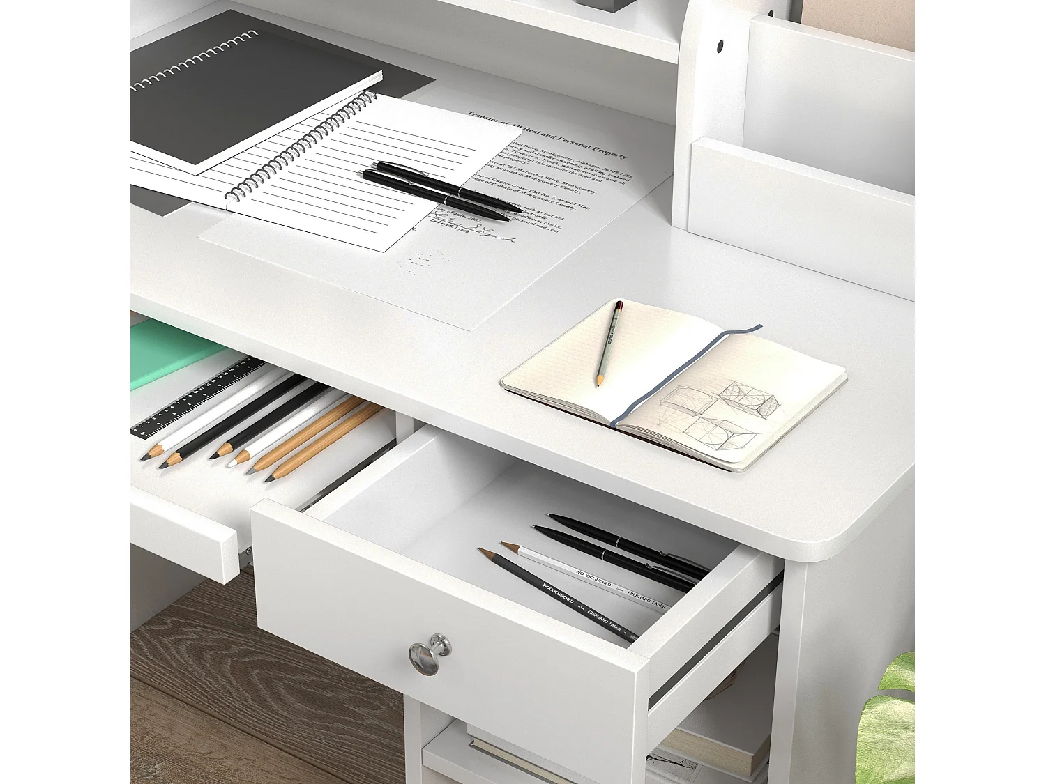 Bureau enfant multi-rangement - ensemble bureau, chaise, étagère - tiroir, plateau coulissant, 2 niches, 2 étagères, 2 présentoirs livres - blanc