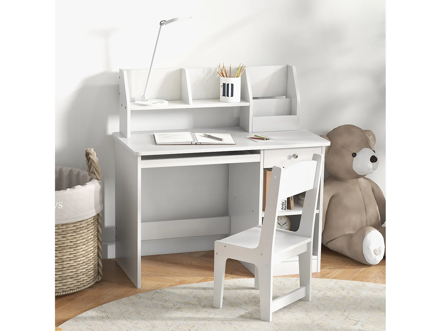 Bureau enfant multi-rangement - ensemble bureau, chaise, étagère - tiroir, plateau coulissant, 2 niches, 2 étagères, 2 présentoirs livres - blanc