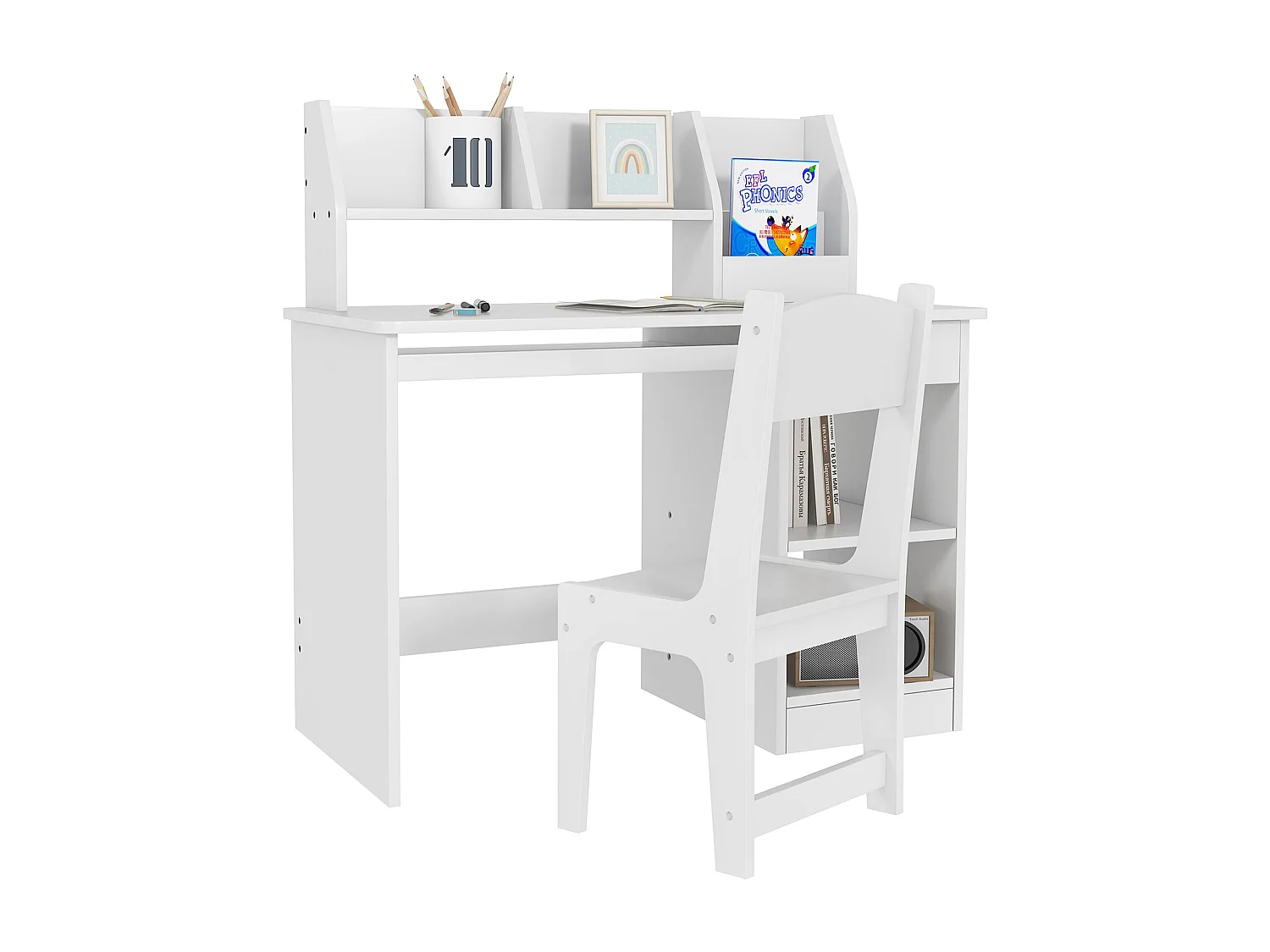 Bureau enfant multi-rangement - ensemble bureau, chaise, étagère - tiroir, plateau coulissant, 2 niches, 2 étagères, 2 présentoirs livres - blanc