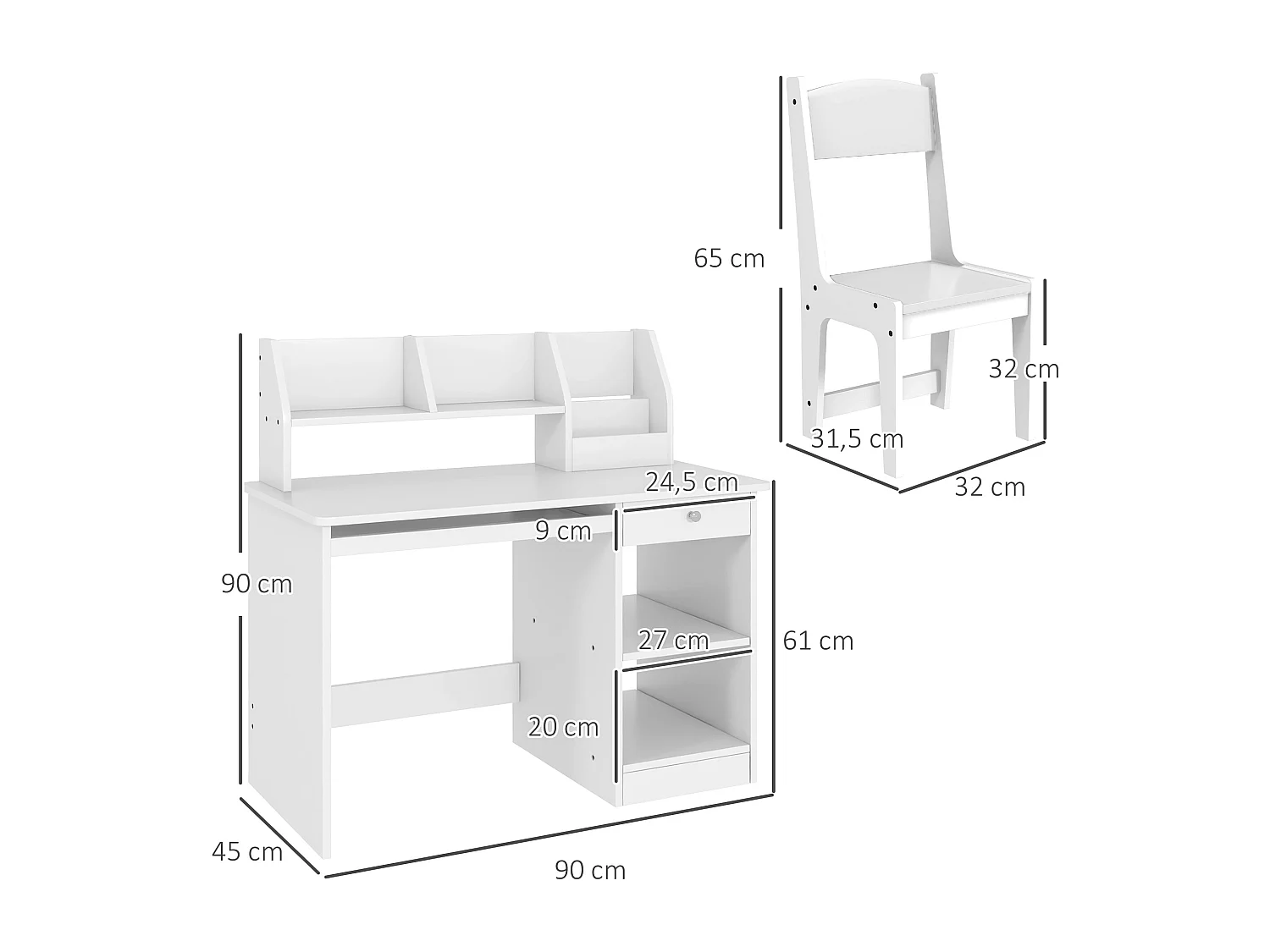 Bureau enfant multi-rangement - ensemble bureau, chaise, étagère - tiroir, plateau coulissant, 2 niches, 2 étagères, 2 présentoirs livres - blanc