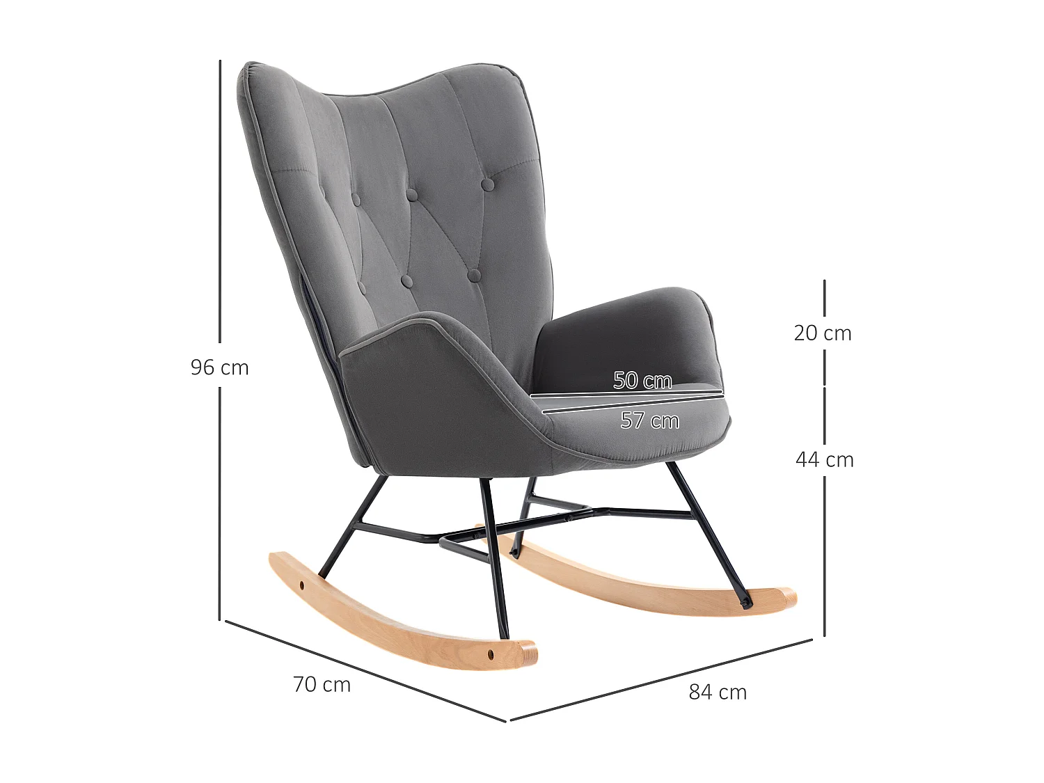 Fauteuil à bascule oreilles rocking chair grand confort accoudoirs assise dossier garnissage mousse haute densité aspect velours anthracite
