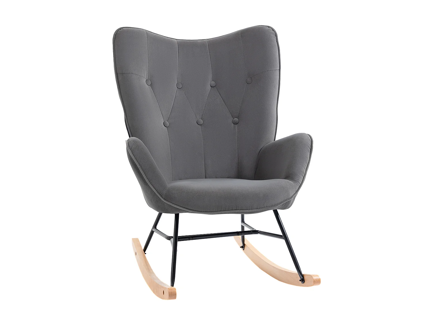 Fauteuil à bascule oreilles rocking chair grand confort accoudoirs assise dossier garnissage mousse haute densité aspect velours anthracite
