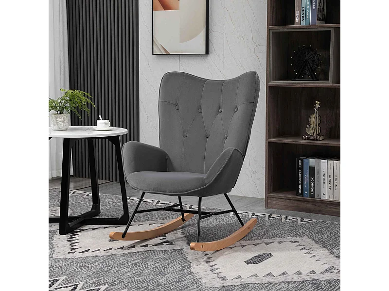 Fauteuil à bascule oreilles rocking chair grand confort accoudoirs assise dossier garnissage mousse haute densité aspect velours anthracite