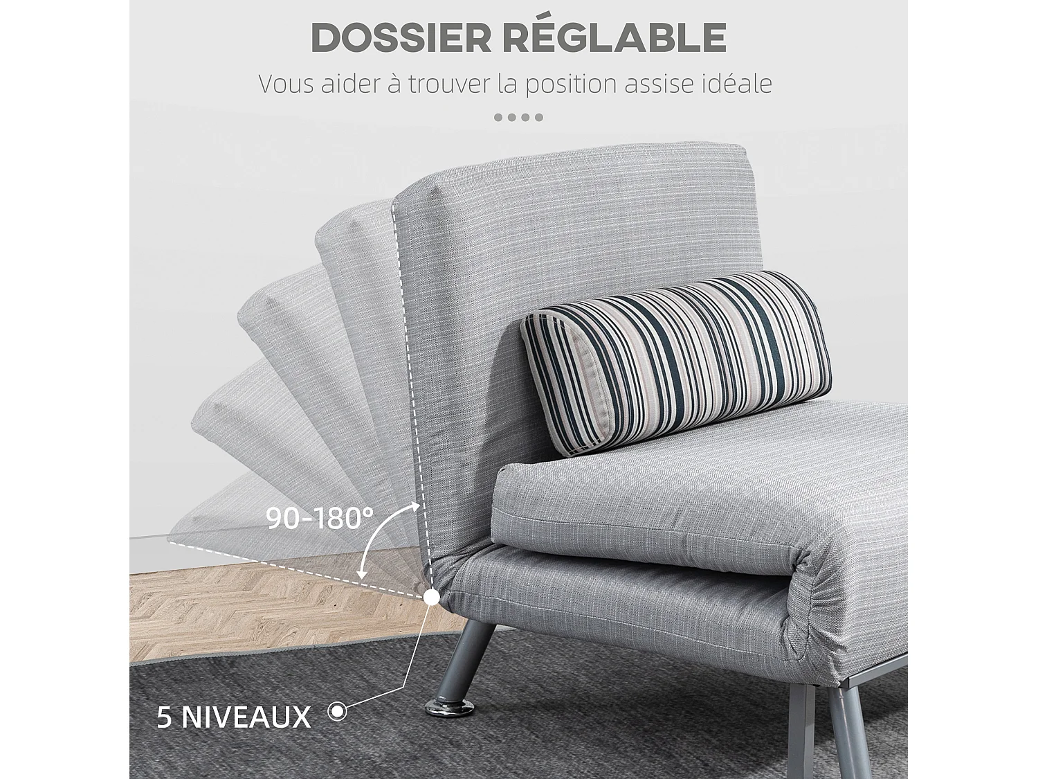 Fauteuil convertible 3 en 1 chauffeuse lit 1 place avec coussin gris