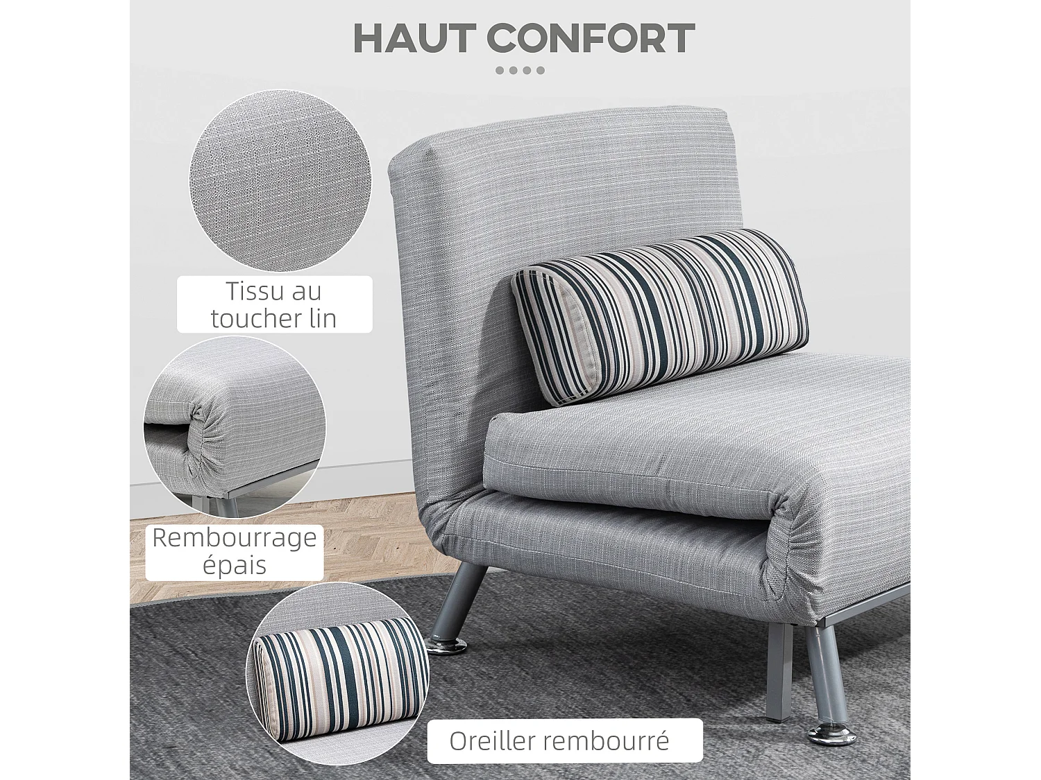 Fauteuil convertible 3 en 1 chauffeuse lit 1 place avec coussin gris