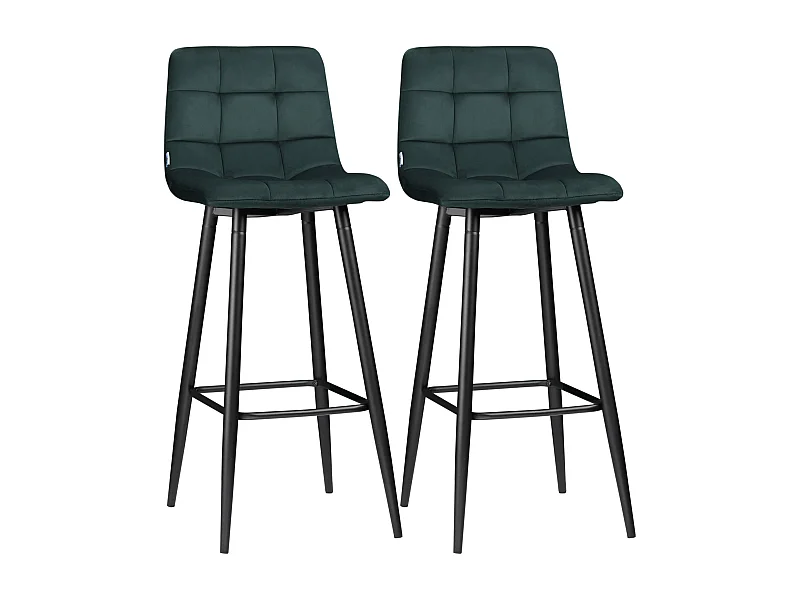 Lot de 2 tabourets de bar design Chesterfield effet capitonné piètement acier effilé noir velours vert sapin