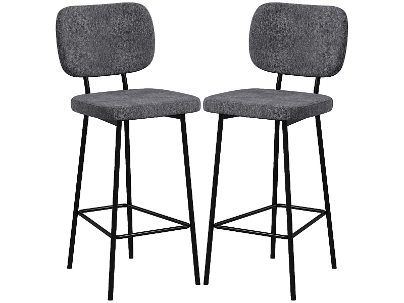 Lot de 2 tabourets de bar style néo-rétro piètement acier noir repose-pied intégré tissu gris