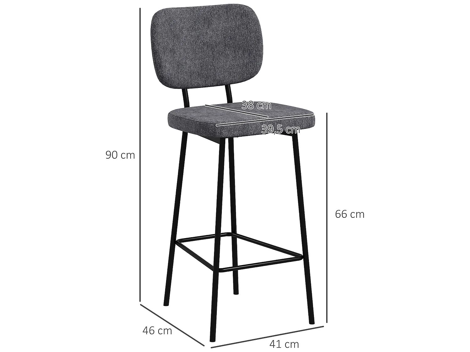 Lot de 2 tabourets de bar style néo-rétro piètement acier noir repose-pied intégré tissu gris