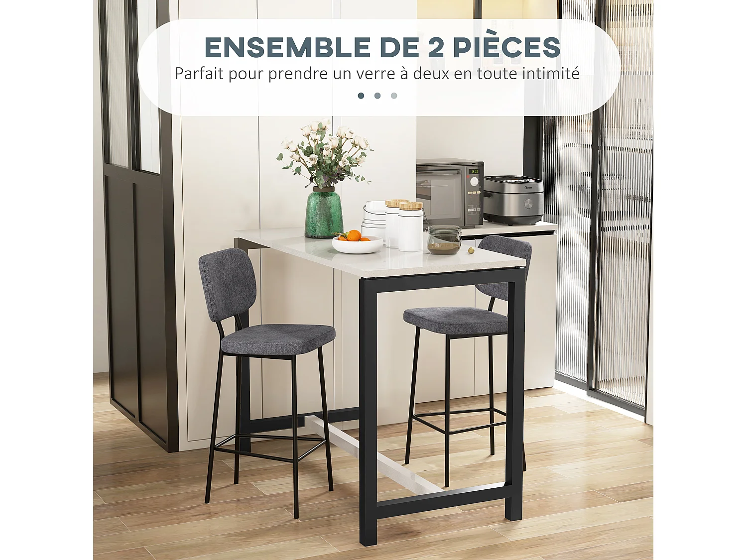 Lot de 2 tabourets de bar style néo-rétro piètement acier noir repose-pied intégré tissu gris