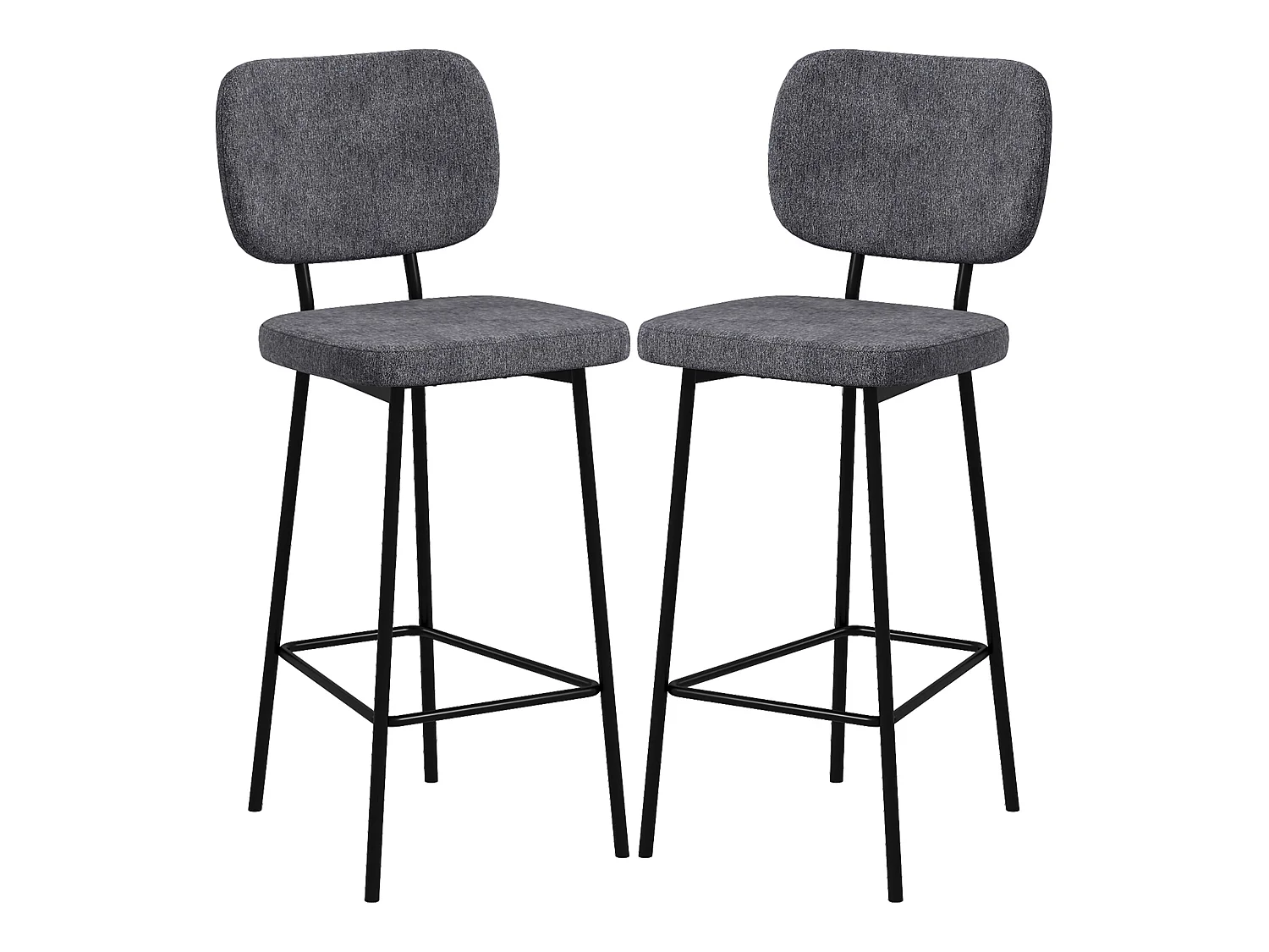 Lot de 2 tabourets de bar style néo-rétro piètement acier noir repose-pied intégré tissu gris