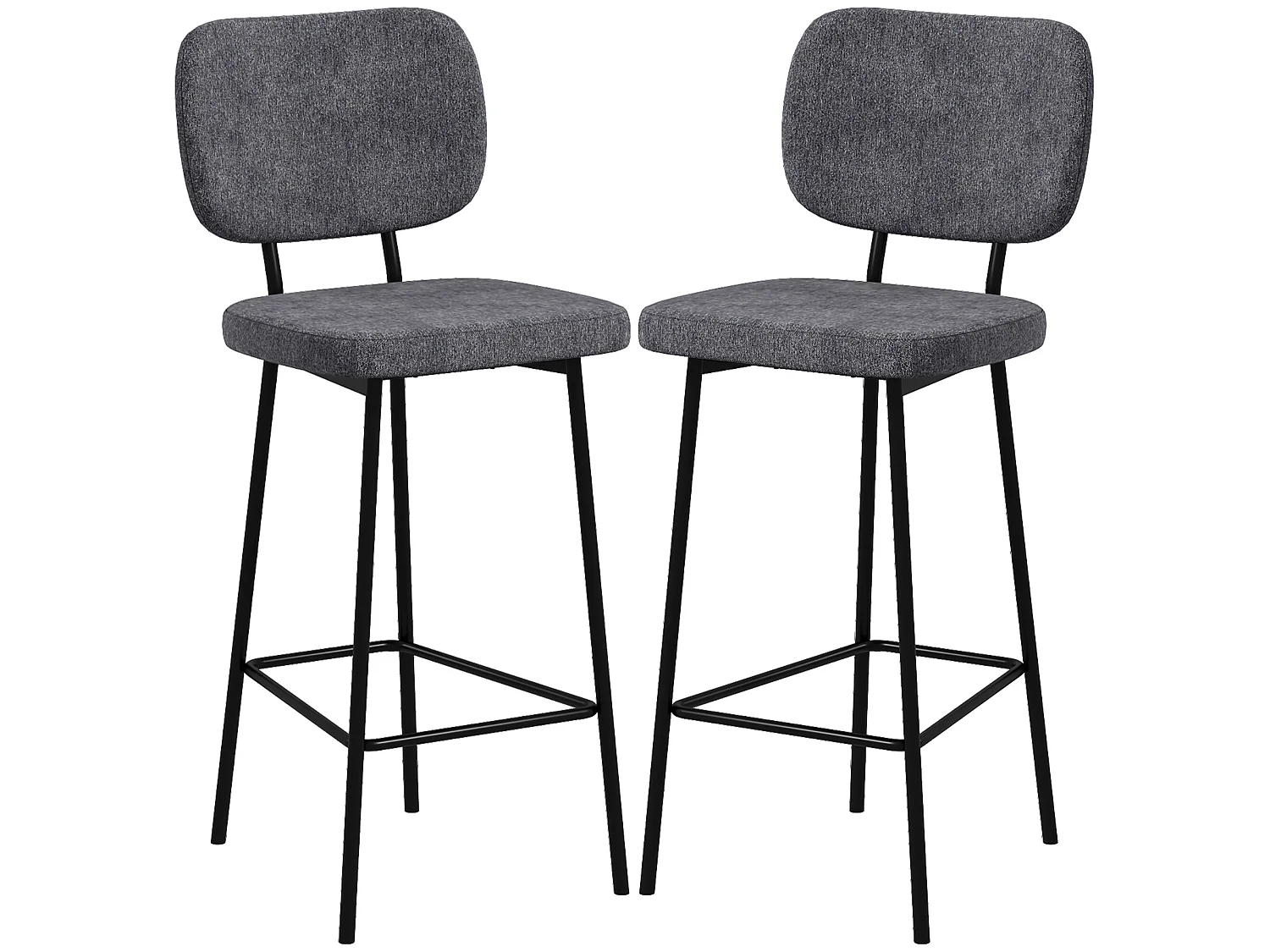 Lot de 2 tabourets de bar style néo-rétro piètement acier noir repose-pied intégré tissu gris