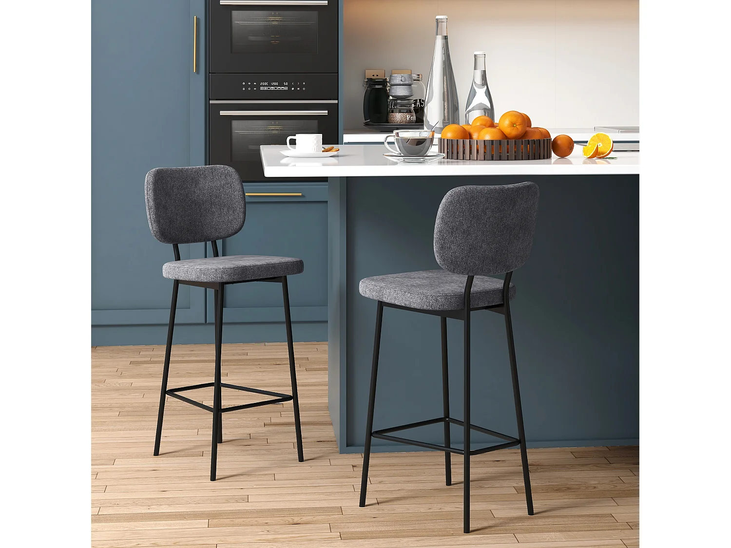 Lot de 2 tabourets de bar style néo-rétro piètement acier noir repose-pied intégré tissu gris