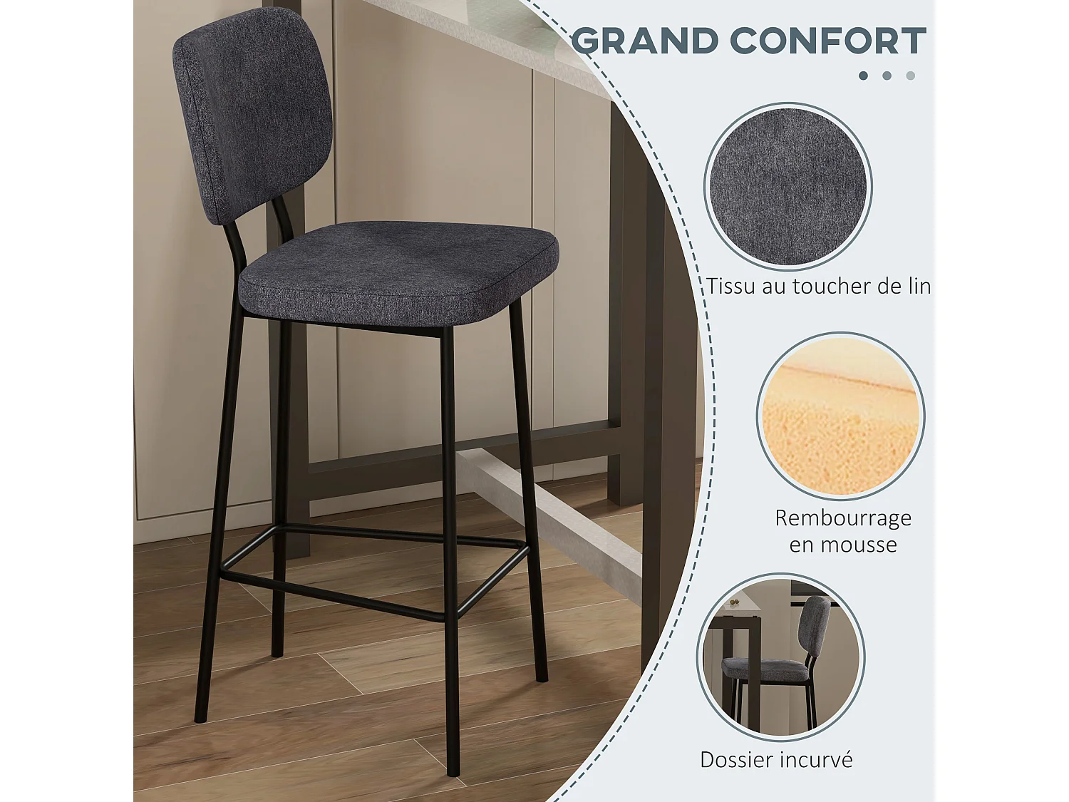 Lot de 2 tabourets de bar style néo-rétro piètement acier noir repose-pied intégré tissu gris