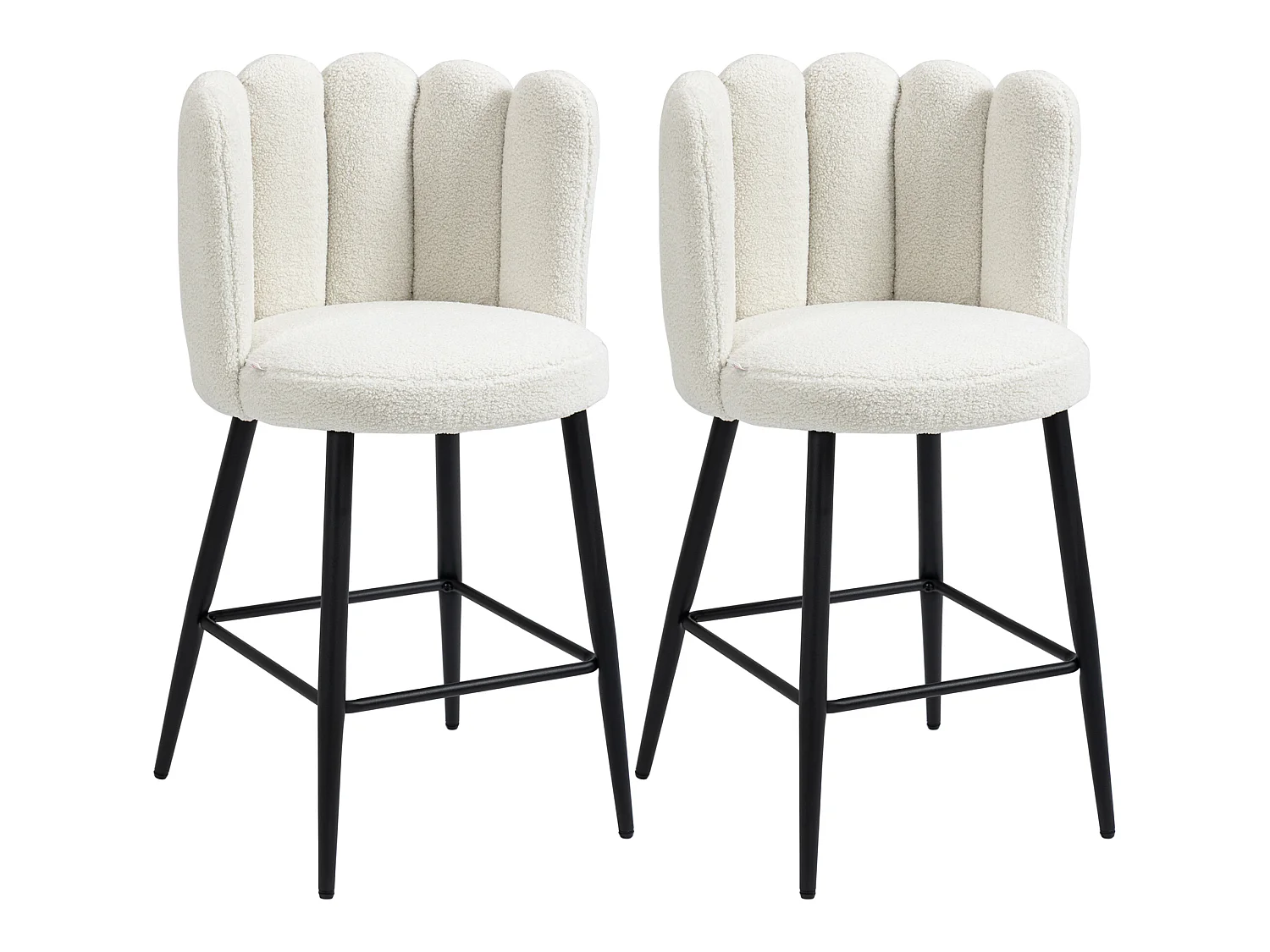 Lot de 2 tabourets de bar design contemporain - repose-pied - acier noir revêtement effet laine bouclée blanc