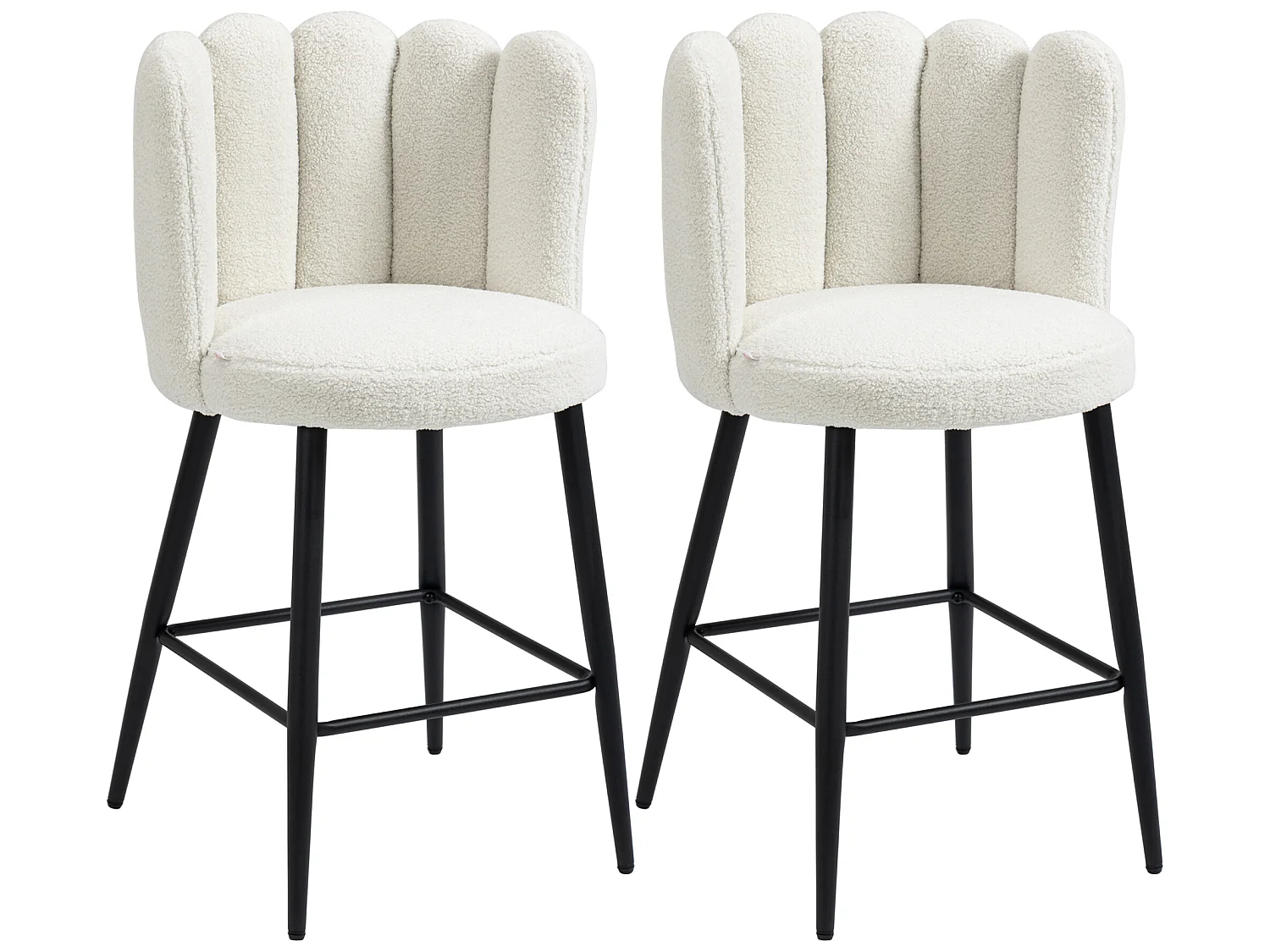 Lot de 2 tabourets de bar design contemporain - repose-pied - acier noir revêtement effet laine bouclée blanc