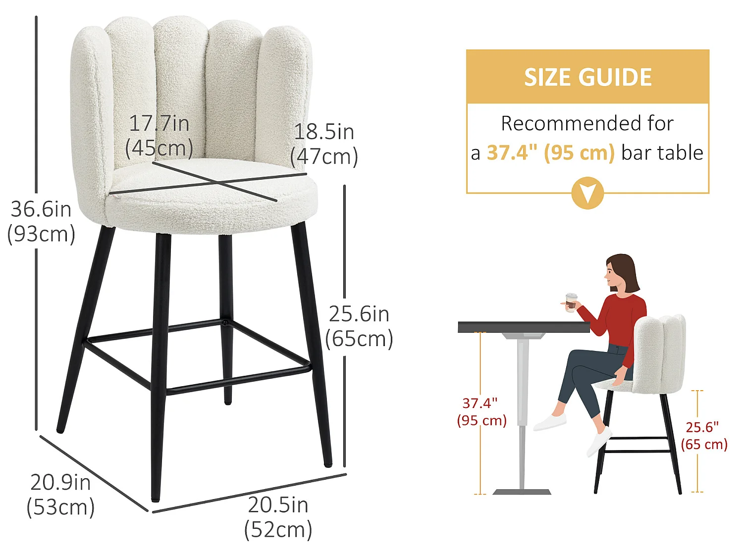 Lot de 2 tabourets de bar design contemporain - repose-pied - acier noir revêtement effet laine bouclée blanc