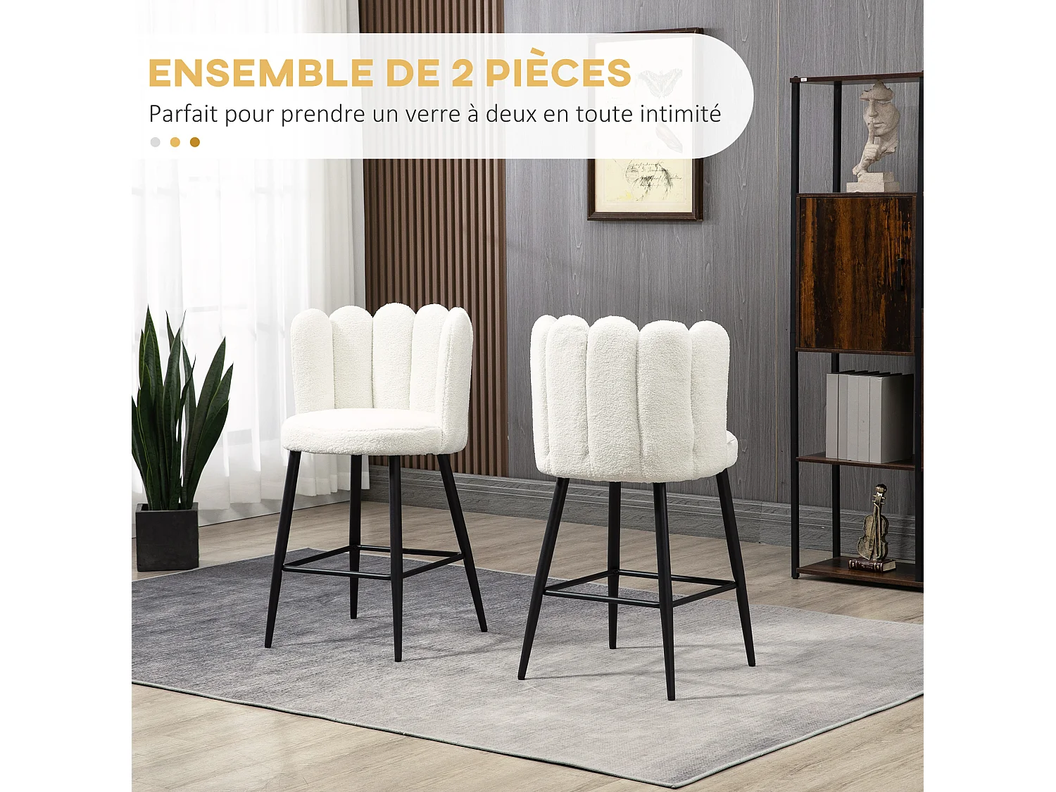 Lot de 2 tabourets de bar design contemporain - repose-pied - acier noir revêtement effet laine bouclée blanc