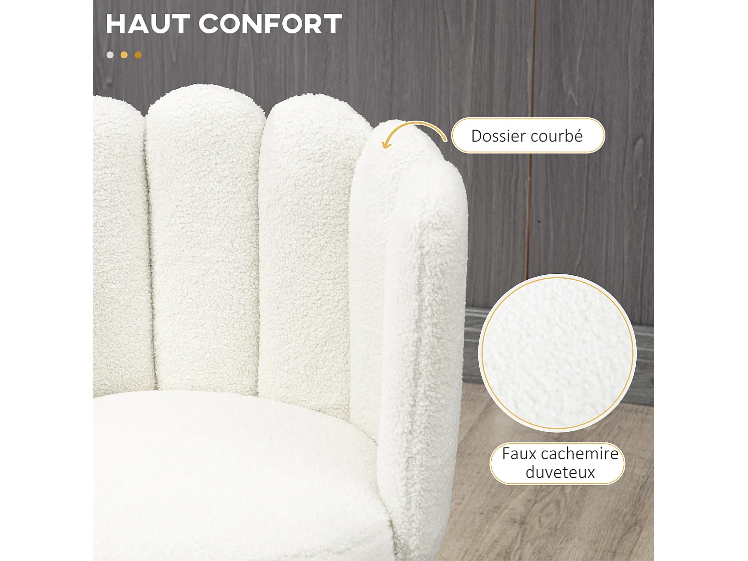 Lot de 2 tabourets de bar design contemporain - repose-pied - acier noir revêtement effet laine bouclée blanc