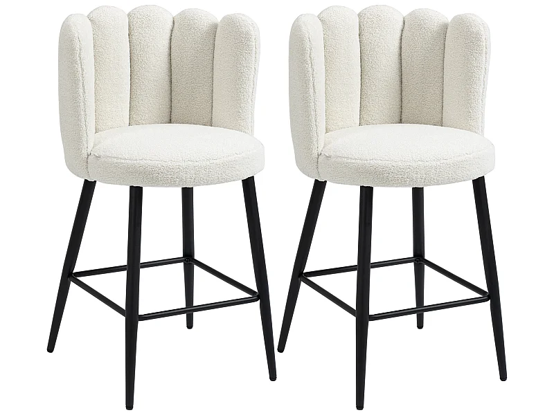 Lot de 2 tabourets de bar design contemporain - repose-pied - acier noir revêtement effet laine bouclée blanc