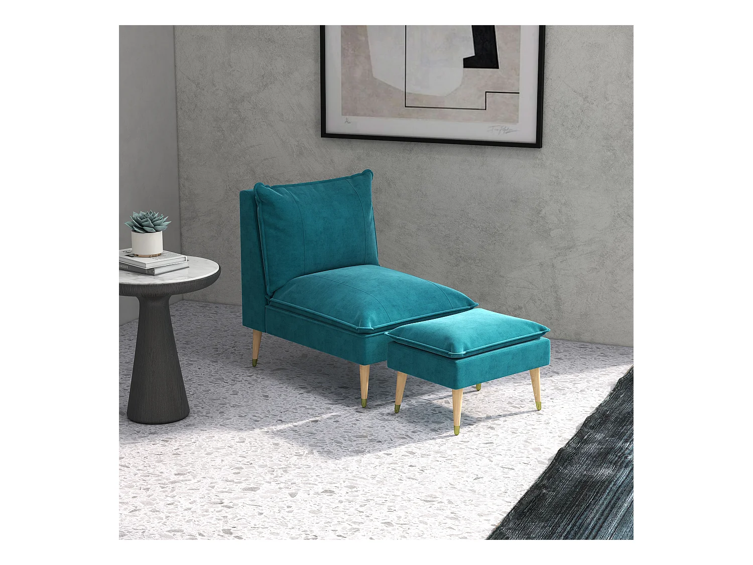 Fauteuil design scandinave grand confort - repose-pied inclus - piètement effilé incliné bois hévéa velours turquoise