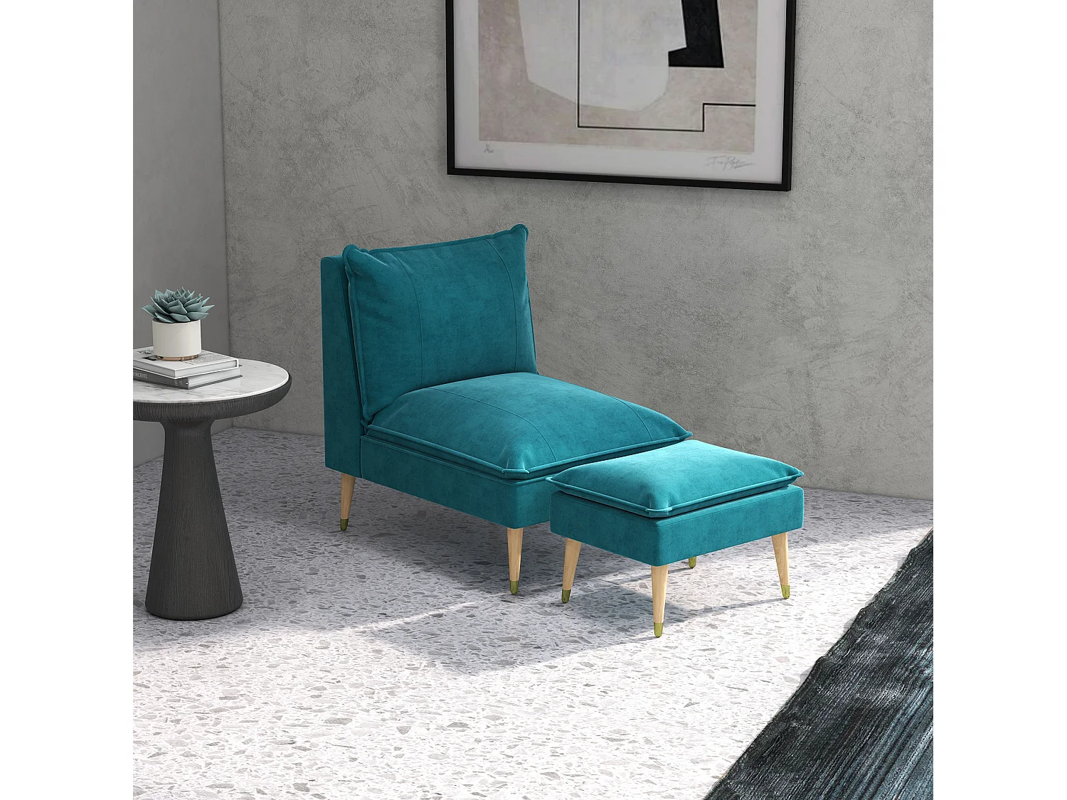 Fauteuil design scandinave grand confort - repose-pied inclus - piètement effilé incliné bois hévéa velours turquoise