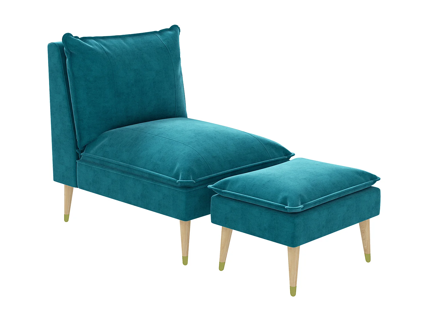 Fauteuil design scandinave grand confort - repose-pied inclus - piètement effilé incliné bois hévéa velours turquoise