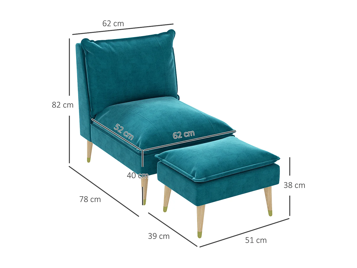 Fauteuil design scandinave grand confort - repose-pied inclus - piètement effilé incliné bois hévéa velours turquoise
