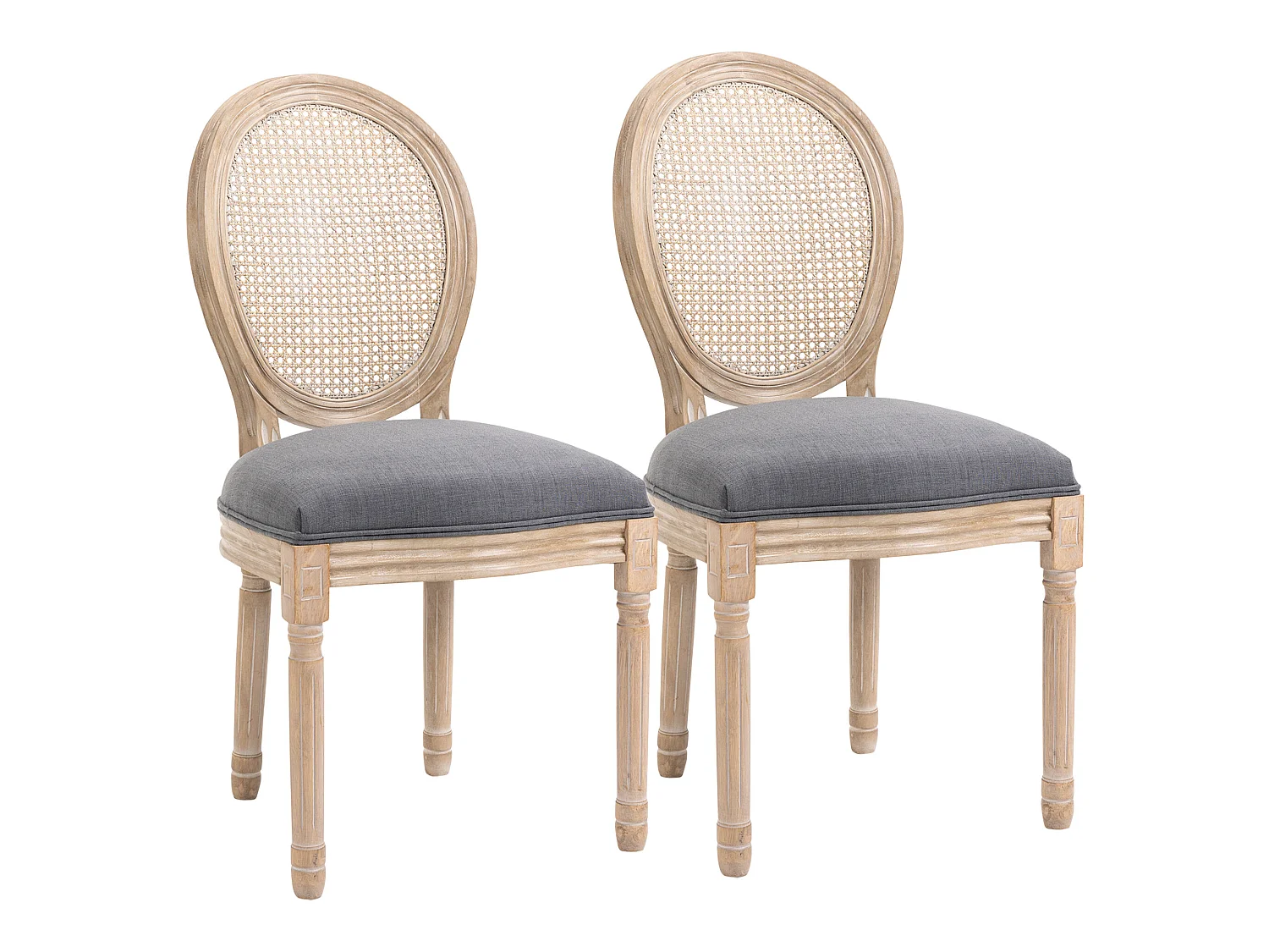Lot de 2 chaises de salle à manger - chaise de salon médaillon style Louis XVI - bois massif sculpté, patiné - dossier cannage - aspect lin gris