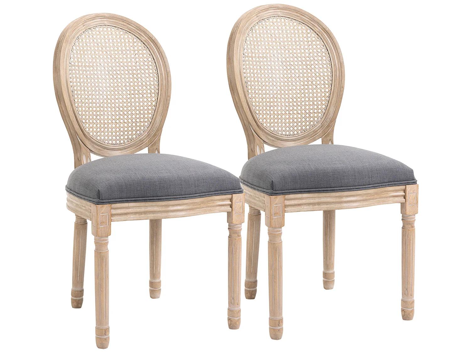 Lot de 2 chaises de salle à manger - chaise de salon médaillon style Louis XVI - bois massif sculpté, patiné - dossier cannage - aspect lin gris