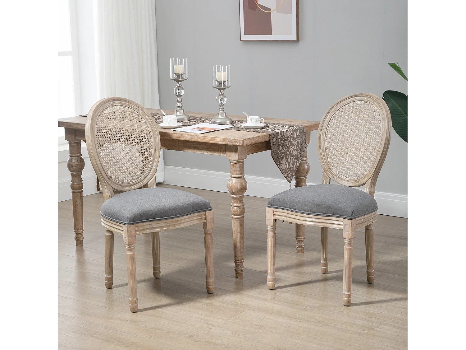 Lot de 2 chaises de salle à manger - chaise de salon médaillon style Louis XVI - bois massif sculpté, patiné - dossier cannage - aspect lin gris