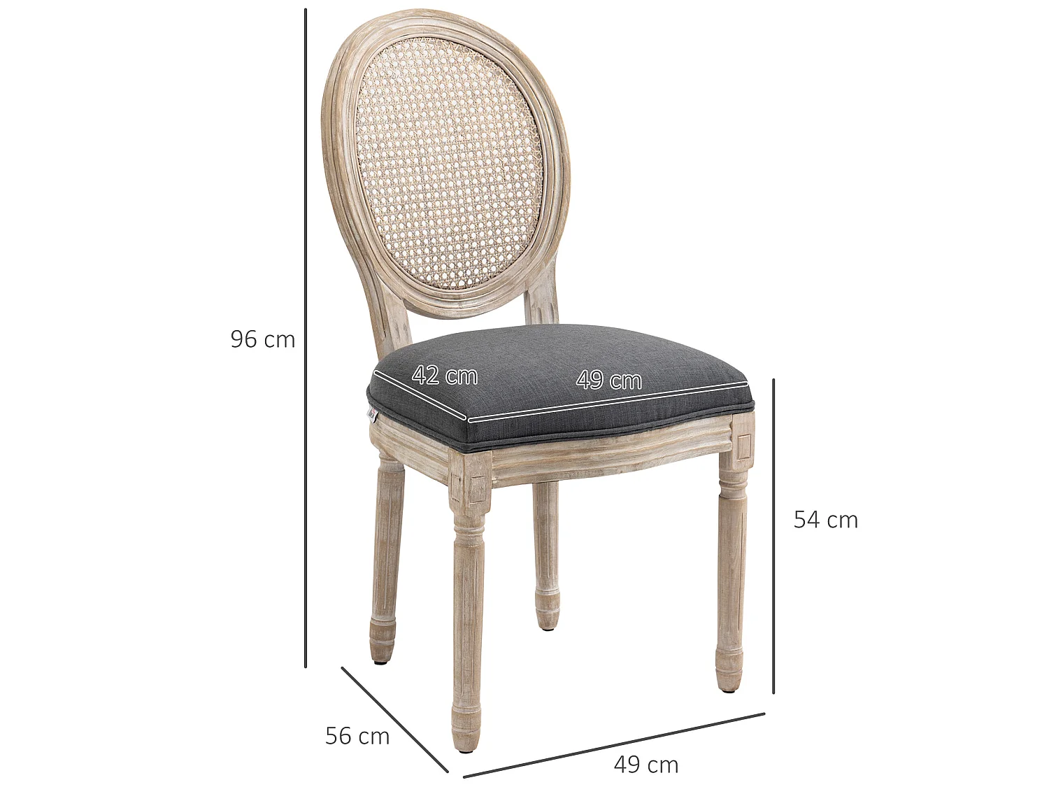 Lot de 2 chaises de salle à manger - chaise de salon médaillon style Louis XVI - bois massif sculpté, patiné - dossier cannage - aspect lin gris
