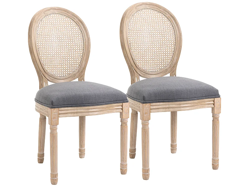 Lot de 2 chaises de salle à manger - chaise de salon médaillon style Louis XVI - bois massif sculpté, patiné - dossier cannage - aspect lin gris