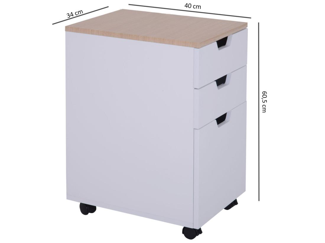 vente unique HOMCOM Caisson de bureau rangement bureau sur roulettes 3 tiroirs coulissants dim. 34L x 40I x 60 5H cm MDF blanc bois clair