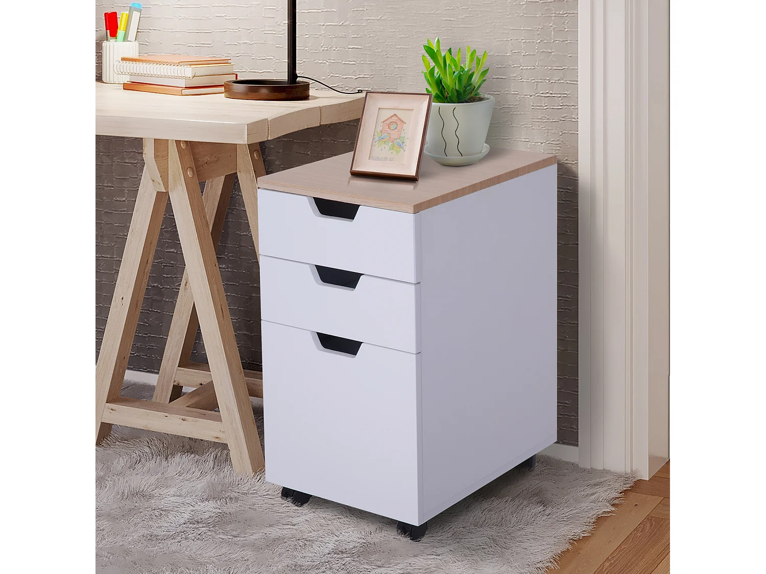HOMCOM Caisson de bureau rangement bureau sur roulettes 3 tiroirs coulissants dim. 34L x 40I x 60,5H cm MDF blanc bois clair