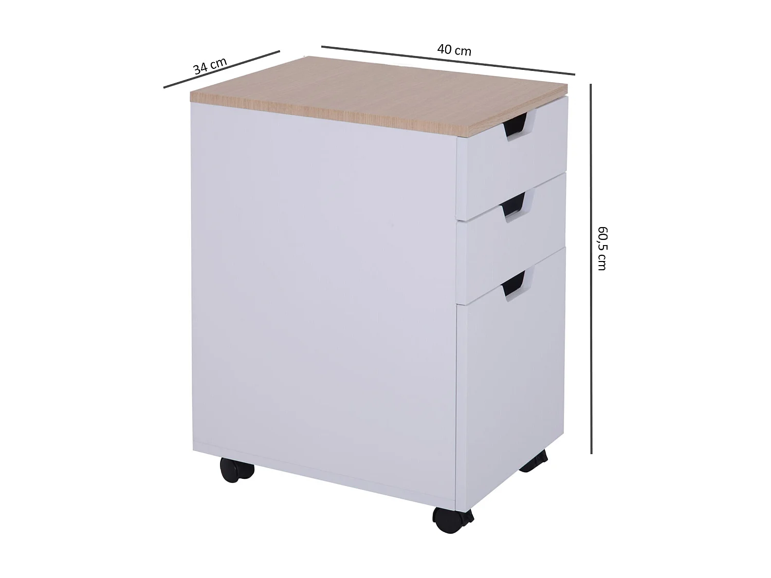 HOMCOM Caisson de bureau rangement bureau sur roulettes 3 tiroirs coulissants dim. 34L x 40I x 60,5H cm MDF blanc bois clair