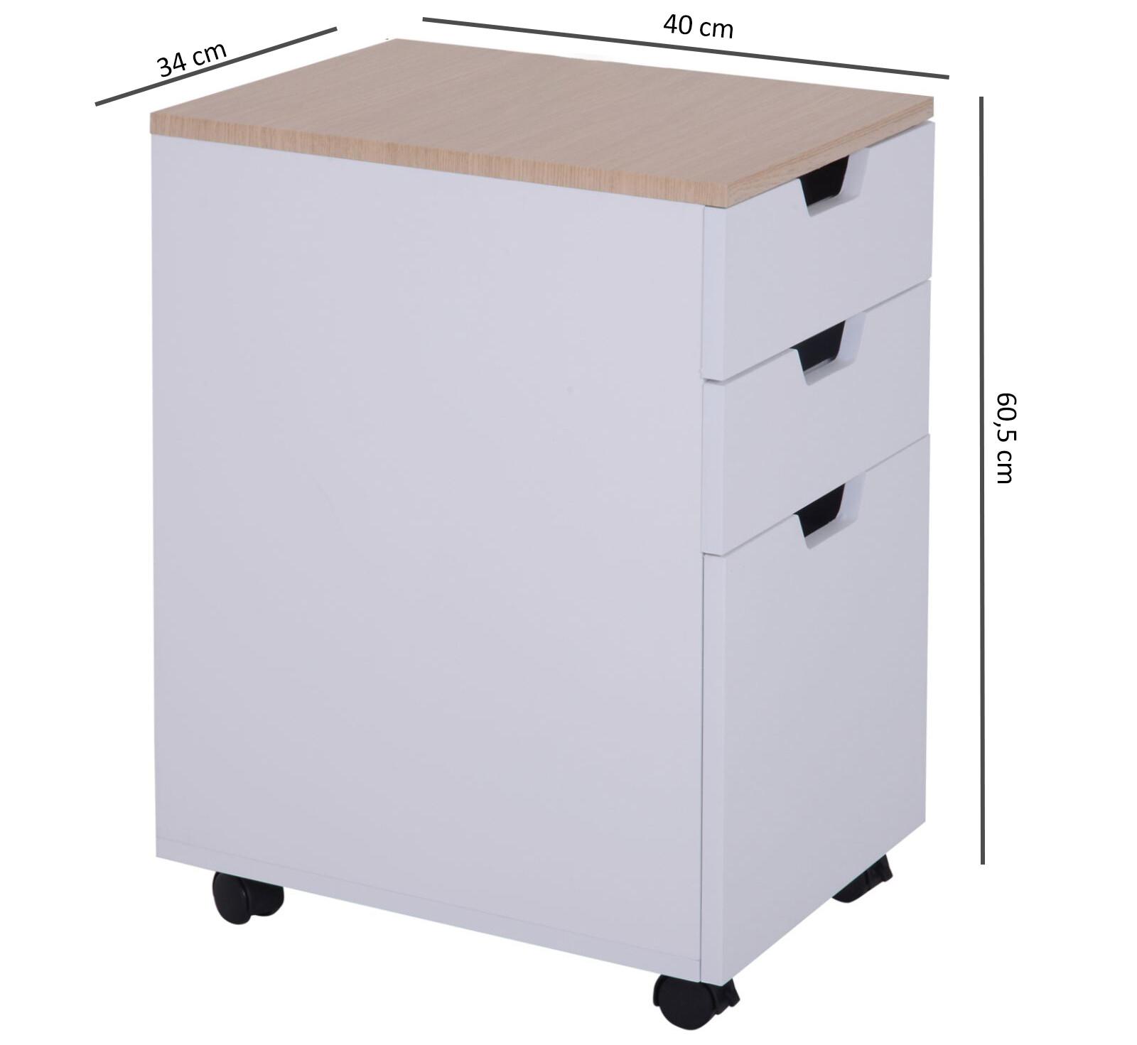 Caisson et casier de bureau Homcom Caisson de bureau rangement bureau sur  roulettes 3 tiroirs verrouillables dim. 40L x 41,5l x 61,5H cm blanc