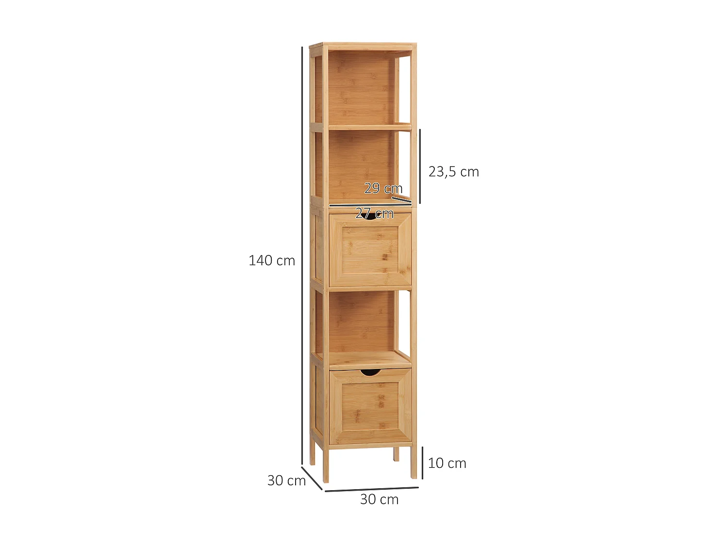 Meuble colonne rangement salle de bain bambou design cosy naturel 2 tiroirs 3 niches H. 140 cm